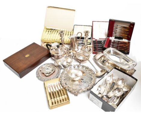 A collection of 19th&nbsp;century and later silver plated items, to include a three piece silver tea service, an Old English 