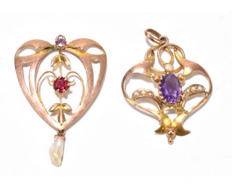 A 9ct rose and yellow gold Art Nouveau pendant set with a pearl, length 35mm and a similar example set with cultured pearls a