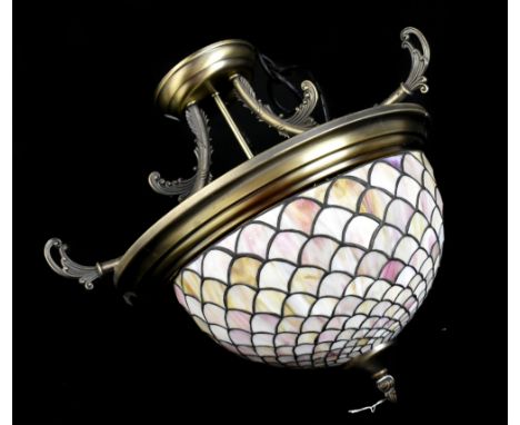 A three bulb ceiling light with coloured Tiffany-style shade on bronzed metal frame, diameter at widest point 38cm.Additional