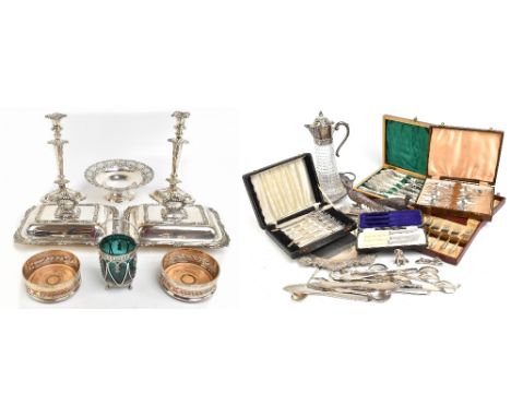 A collection of 19th&nbsp;century and later silver plated items, including a pierced circular footed bowl decorated with flor