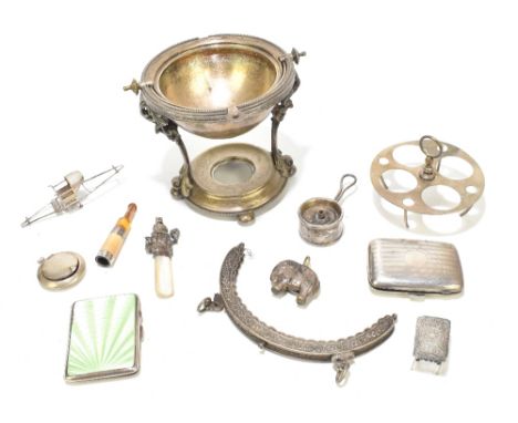 A group of variously hallmarked silver and silver mounted items with two cigarette case including a guilloche enamelled examp