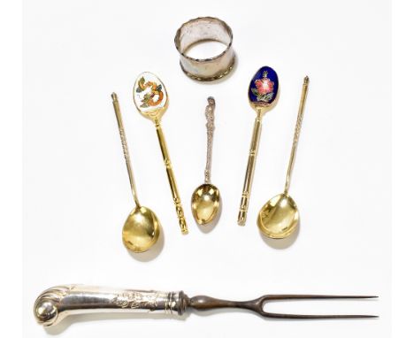 A pair of Russian silver gilt spoons, the shaped bowls with chased floral decoration to the reverse and crown finials, length