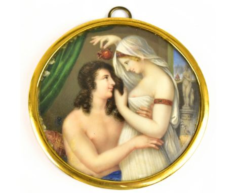 19TH CENTURY ITALIAN SCHOOL; watercolour, portrait miniature, Venus receiving Aeneas within interior setting, with carved mar