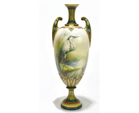 HADLEY WORCESTER; a hand painted twin handled posy vase, decorated with a heron beside river scene, green factory marks to ba