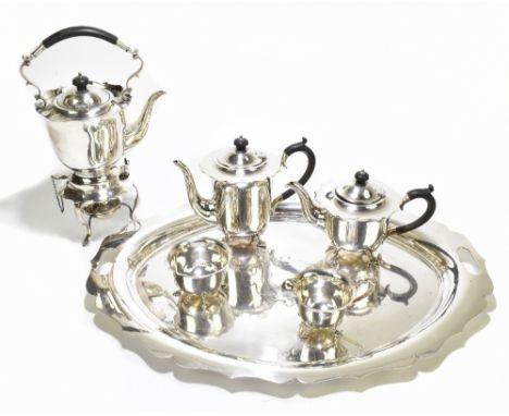 MAPPIN &amp; WEBB; a silver plated five piece tea and coffee service comprising kettle on stand with burner, coffee pot, teap