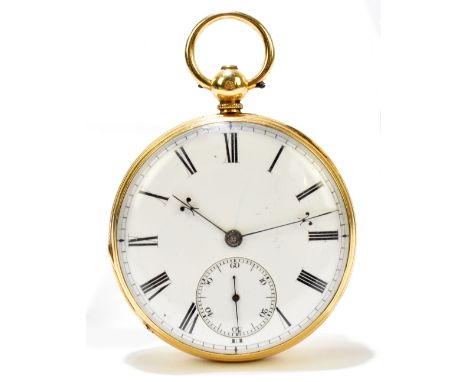 An 18ct yellow gold key wind open faced pocket watch with white enamel dial set with Roman numerals and subsidiary seconds ha