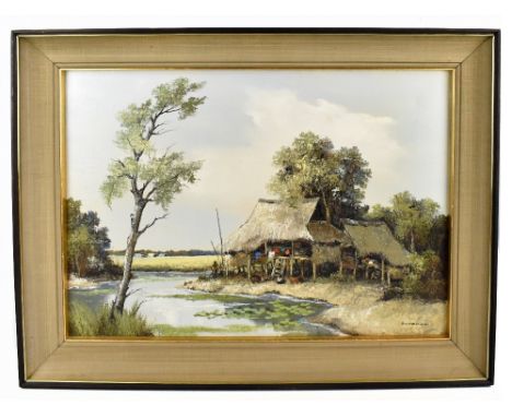 SAM SOMBOON (Taiwanese); oil on canvas, settlement by a river, signed lower right, 49.5 x 70cm, framed.Additional Information