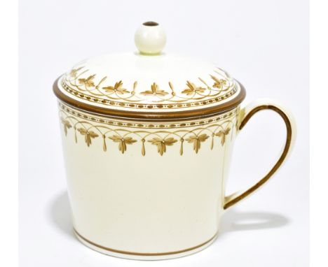 An early 19th century Wedgwood creamware chocolate pot and cover, with ball finial and painted swag detailing, stamped Wedgwo