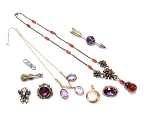 A small group of costume jewellery including a turquoise pearl and enamel decorated insect brooch, length 25mm, a 9ct yellow 
