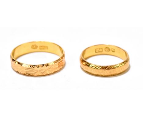 Two Chinese yellow metal engraved wedding bands, size P 1/2 and I 1/2, combined approx 6.6g (2).Additional InformationBoth wi