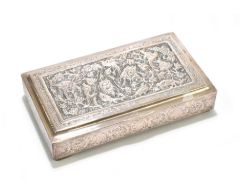 An Eastern white metal rectangular cigarette box with cast detail depicting birds and floral sprays, impressed marks, length 