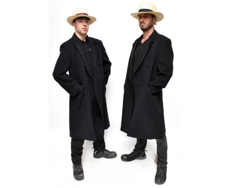 SAVOY TAYLORS GUILD; a 100% cashmere navy blue gentleman's double breasted tailoured long coat with front pockets, fully line