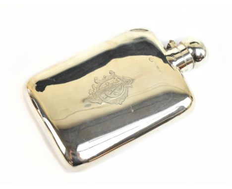 A hallmarked silver hip flask of rectangular form, with engraved initials to the centre, marks rubbed, height 15cm, approx we