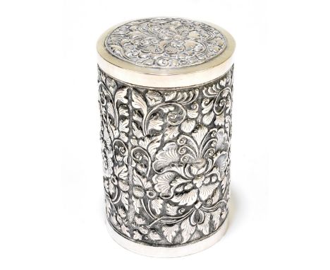 A white metal cylindrical tea canister with pull-off lid and foliate detail to the body, stamped AD800, height 13.5cm, approx