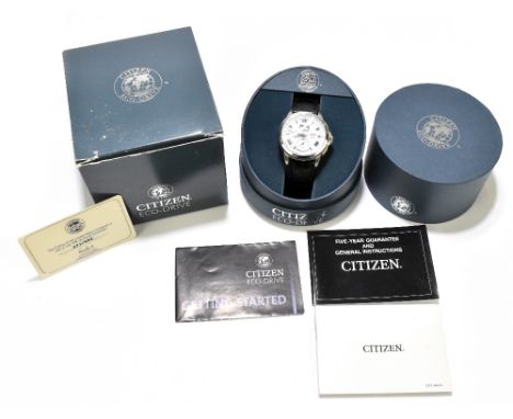 CITIZEN; a gentleman's stainless steel Eco-drive wristwatch with two piece white dial set with date aperture and subsidiary d