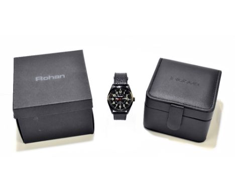 ROHAN; a gentleman's black stainless steel GMT wristwatch with date aperture, case no.RMB42/001, diameter 42mm, sold with bot