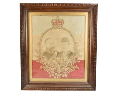 A King Edward VII printed linen Coronation panel decorated with an oval portrait of the King and Queen, in a glazed and stain