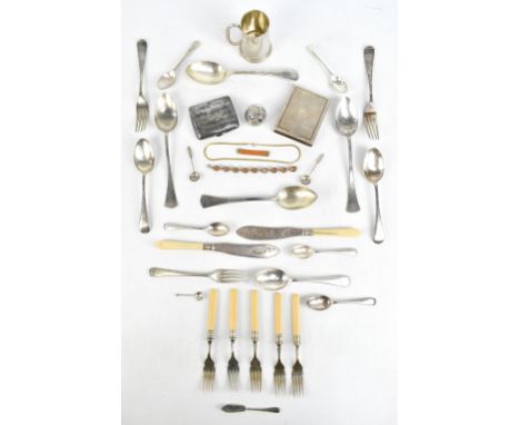 A selection of hallmarked silver and plated items, to include a silver cigarette case, London 1925, a silver Christening tank