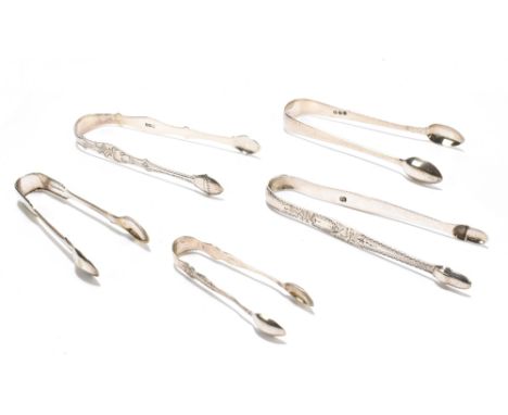 Five pairs of George III and later silver sugar tongs,&nbsp;including a bright cut engraved pair, Batemans, circa 1803, with 