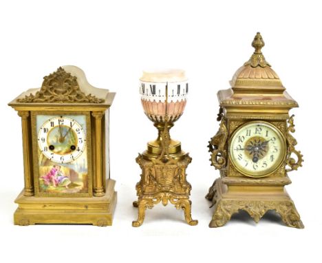 Three late 19th/early 20th century brass mantel clocks, one featuring porcelain panel and signed Fabien, height 28.5cm, one w