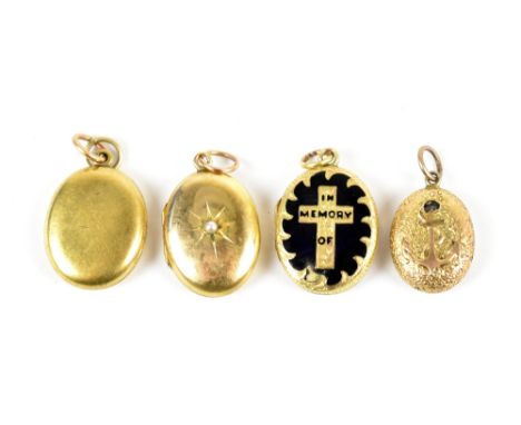 A 9ct gold oval locket set with a split pearl, length 2cm, gross weight approx. 2.5g, with a yellow metal and enamel mourning