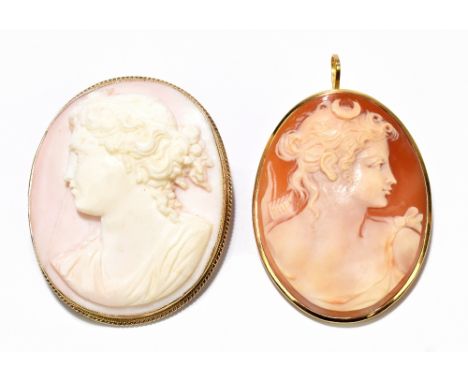 A 18ct yellow gold framed oval cameo brooch/pendant with the profile portrait of a female figure, 49 x 37mm, and a similar pa
