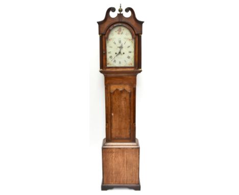 CLARKE OF TUXFORD; a 19th century oak and mahogany cased eight day longcase clock with brass orb finial and broken swan neck 