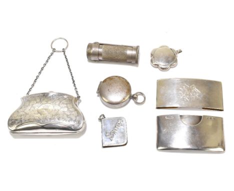 A mixed group of silver and white metal including two convex card sleeves, one by Saunders &amp; Shepherd, Chester 1896, the 