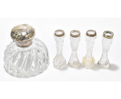 ARTHUR WILLMORE PENNINGTON; a pair of cut glass posy vases with hallmarked silver collars, Birmingham 1899, two further examp