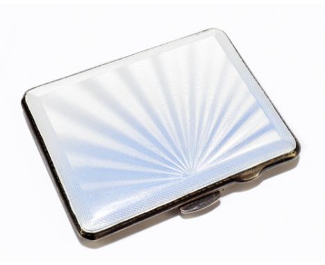 FREDERICK FIELD; a George VI hallmarked silver and guilloche enamelled cigarette case, the front with sunburst detail, with g