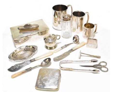 A group of variously hallmarked silver items comprising a cigarette box, two Christening mugs, a mustard with blue glass line