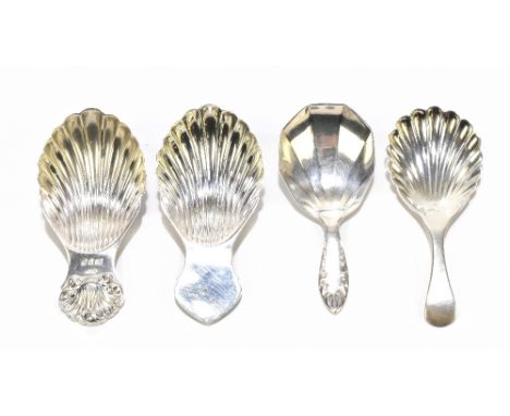 JAMES DIXON &amp; SON; a George V hallmarked silver caddy spoon with panelled detail to bowl, together with three further hal