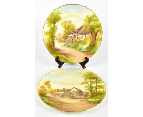 ROYAL WORCESTER; a pair of printed and painted plates, one decorated with Mary Arden's house, the other with Fladbury, diamet