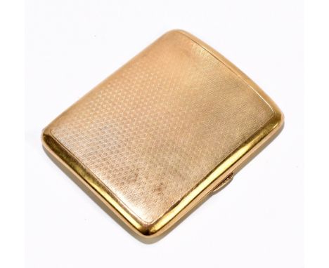 A 9ct yellow gold cigarette case of rounded rectangular form with engine turned decoration, inscription to interior, 8.5 x 7c