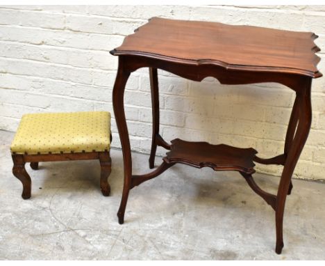 An Edwardian stained beech two-tier table of serpentine form on cabriole legs, height 71cm, width 66cm, depth 46cm, with a be