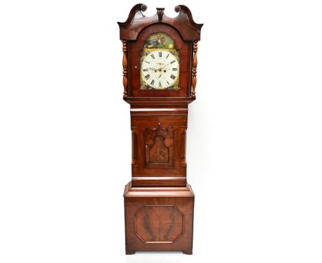 WIGGAN OF COLNE; a 19th century mahogany cased eight day longcase clock, the painted dial with figure on horseback above circ