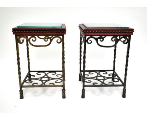 A pair of reproduction lamp tables with wrought iron suppports, width 38cm, height 56cm.