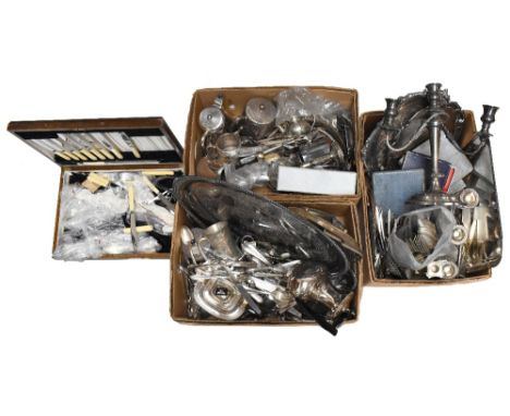 A large collection of assorted Victorian and later silver plate to include a large twin handled tray, a candelabra, and oak c