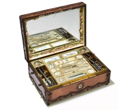 A 19th century French Palais Royale style satinwood and cut steel mounted musical sewing box, the box with a mother of pearl 