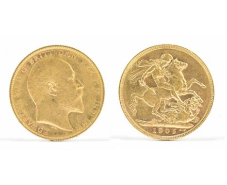 An Edward VII full sovereign, 1905, approx. 7.9g.Additional InformationLight wear, scratches, scuffs.