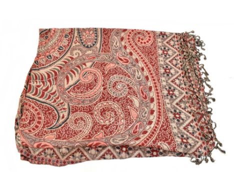 A large red, brown and gold 100% wool fringed edged paisley shawl, approx 325 x 300cm.Additional InformationOverall, the scar