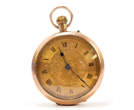 A Swiss 9ct gold fob watch, the Roman numeral chapter ring with an engraved centre, gross weight approx. 23g (weight excludin