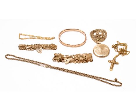 Two 9ct yellow gold gate link bracelets, a 9ct gold bangle, a 9ct yellow gold bracelet, a cross pendant on chain, a circular 