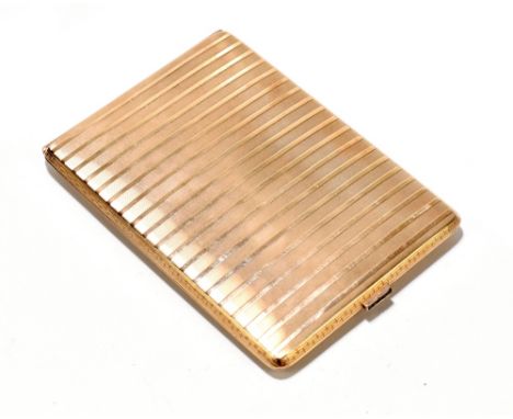 DUNHILL; a 9ct rose gold cigarette case of rounded&nbsp;rectangular form with engine turned detail, Greek key&nbsp;decoration