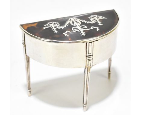 LEVI &amp; SALAMAN; an Edward VII hallmarked silver novelty jewellery box modelled as a demi-lune table, the hinged lid with 