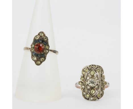 Two antique Art Deco style gold and silver stone set rings, one set with a fire opal and garnets, (N), (J.5).