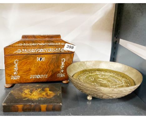 A 19th century mahogany veneered tea caddy with a papier mache and lacquer paint box and two brass items.