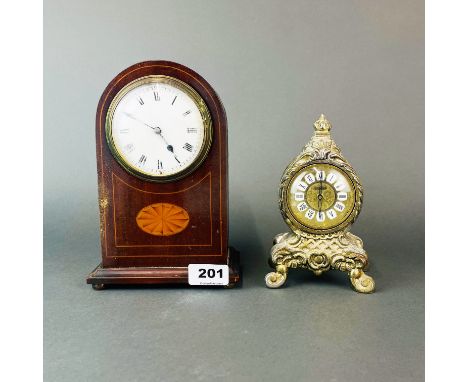 An Edwardian inlaid mahogany mantle clock, H. 21cm. Together with a gilt metal mantle clock.