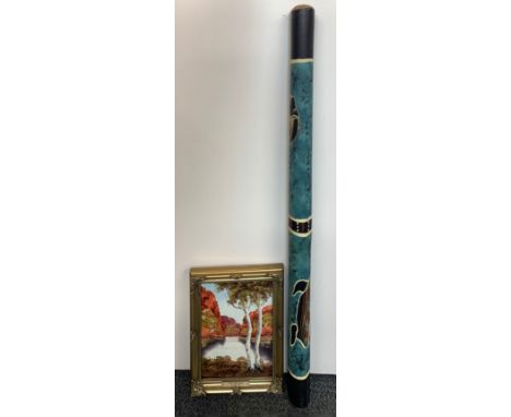 A gilt framed Australian oil on board by Henk Guth, frame size 25 x 30cm. together with a hand-painted aboriginal didgeridoo.