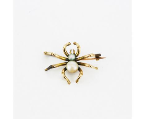 A 14ct yellow gold (tested) and pearl spider shaped brooch, L. 3.5cm.